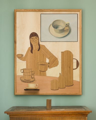 Beige Stilleben II, 90x70 cm eks. ramme, maleri 40x30 cm, intarsia, beige rosti kop på under kop